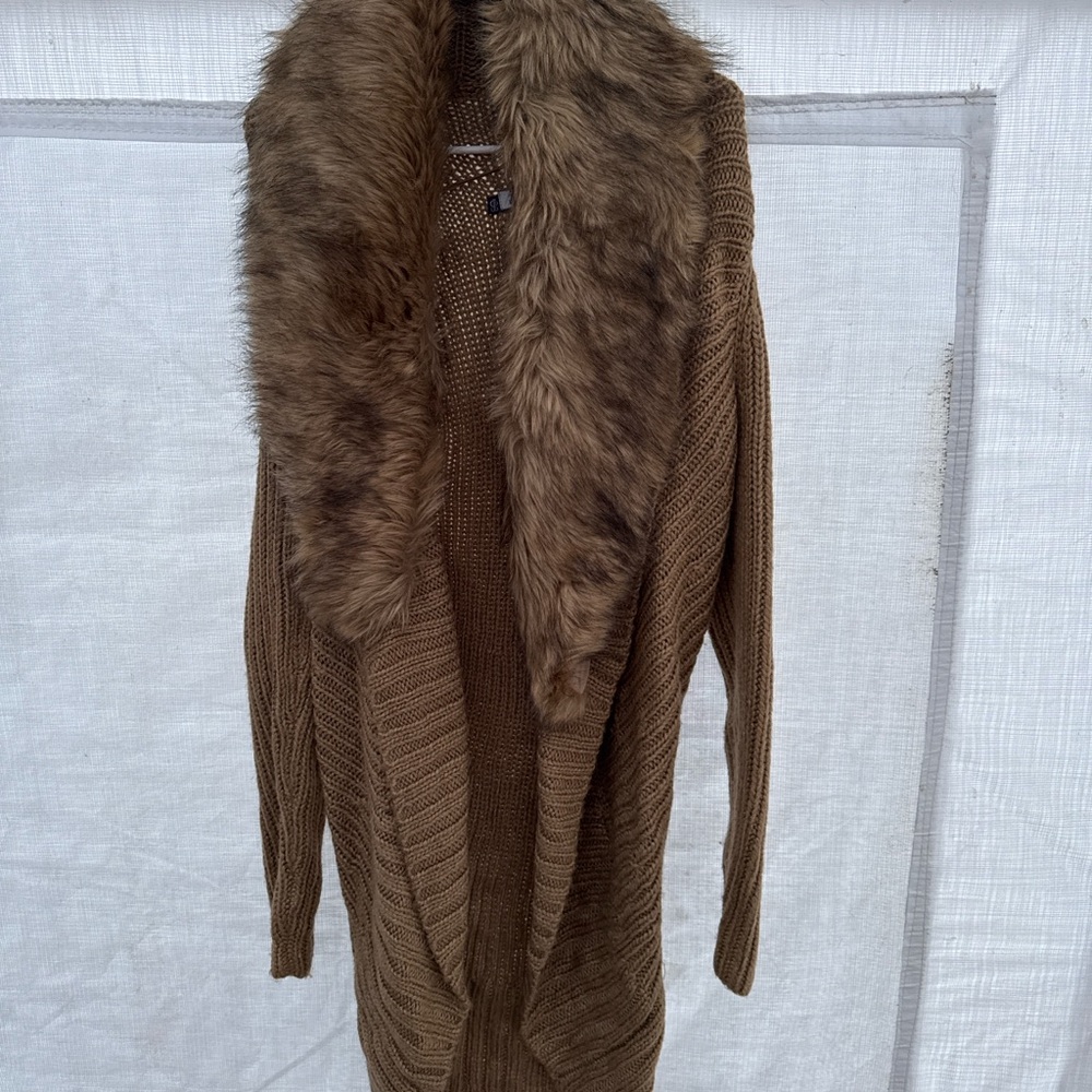 Long Knit Cardigan With Faux Fur Shawl Collar